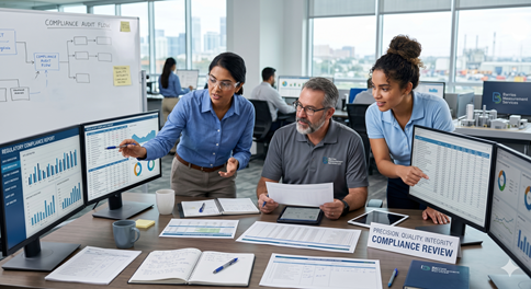 Engineers reviewing compliance data